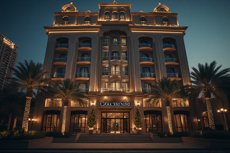 Luxury hotel facade in Downtown Dubai at night